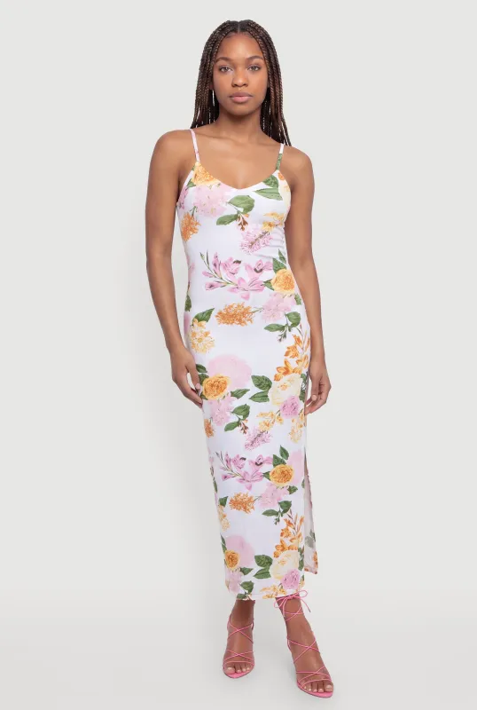 Floral Side Slit V Neck Maxi Dress made by Rainbow