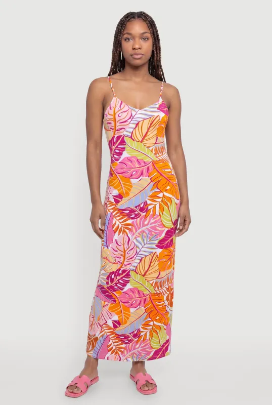 Leaf Print Side Slit Maxi Dress made by Rainbow