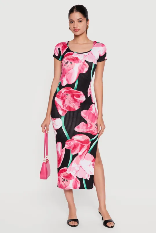 Floral Ribbed Knit Short Sleeve Midi Dress with Side Slit made by Rainbow