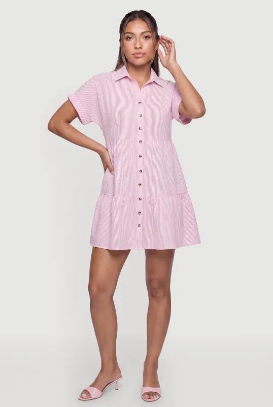 Striped Button Front Tiered Shirt Dress made by Rainbow