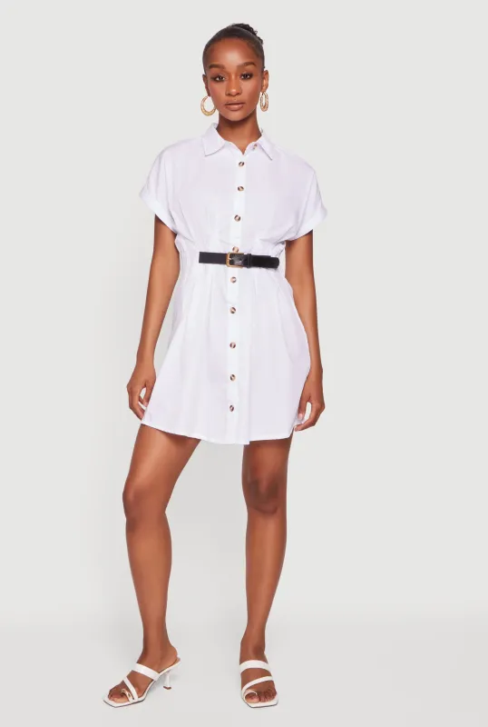 Belt Detail Button Front Short Sleeve Shirt Dress made by Rainbow