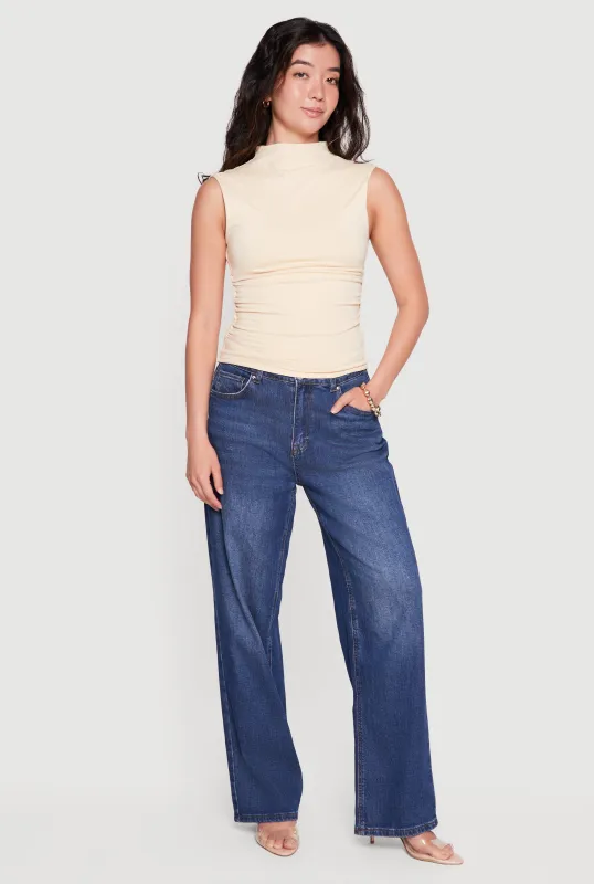 Sleeveless Soft Knit Mock Neck Blouse with Side Ruched Detail made by Rainbow