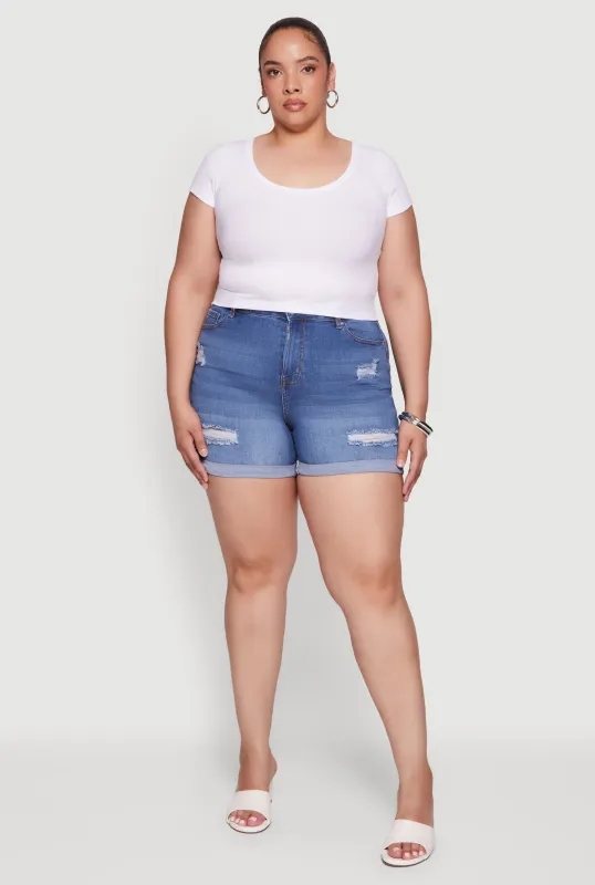 Plus Size High Waisted Distressed Denim Shorts made by Rainbow