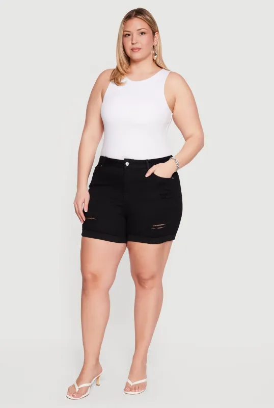 Plus Size High Waisted Distressed Denim Shorts made by Rainbow