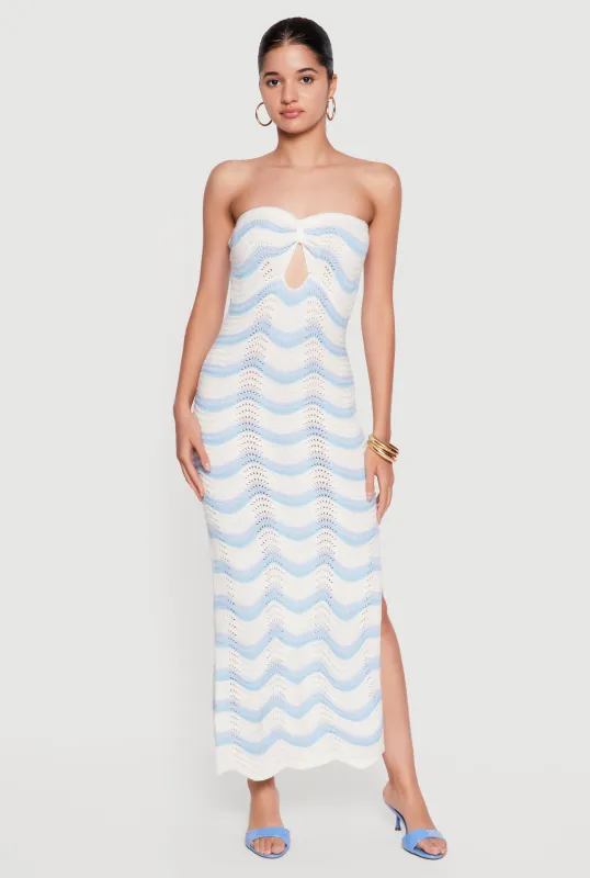 Side Slit Wavy Stripe Pointelle Knit Tube Dress made by Rainbow