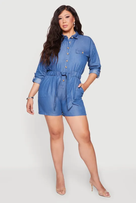 Plus Size Chambray Button Front Tie Waist Belted Romper made by Rainbow