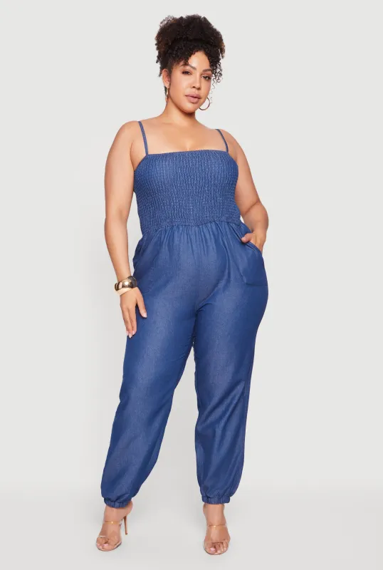 Plus Size Chambray Smocked Square Neck Jumpsuit made by Rainbow