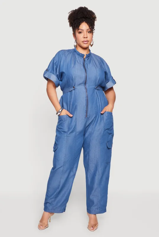Plus Size Zip Front Mandarin Collar Cargo Pocket Jumpsuit made by Rainbow