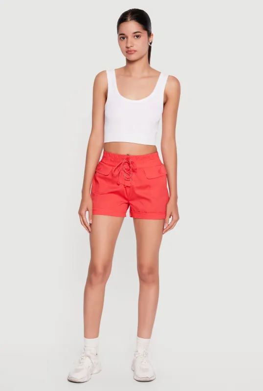 Lace Up Smocked Waist Poplin Shorts made by Rainbow