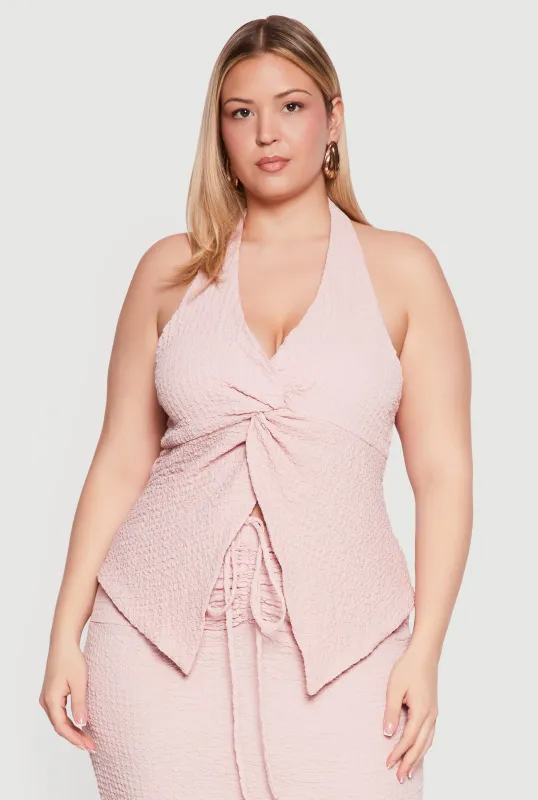 Plus Size Crepe Knit Twist Front Detail Split Hem Halter Top made by Rainbow