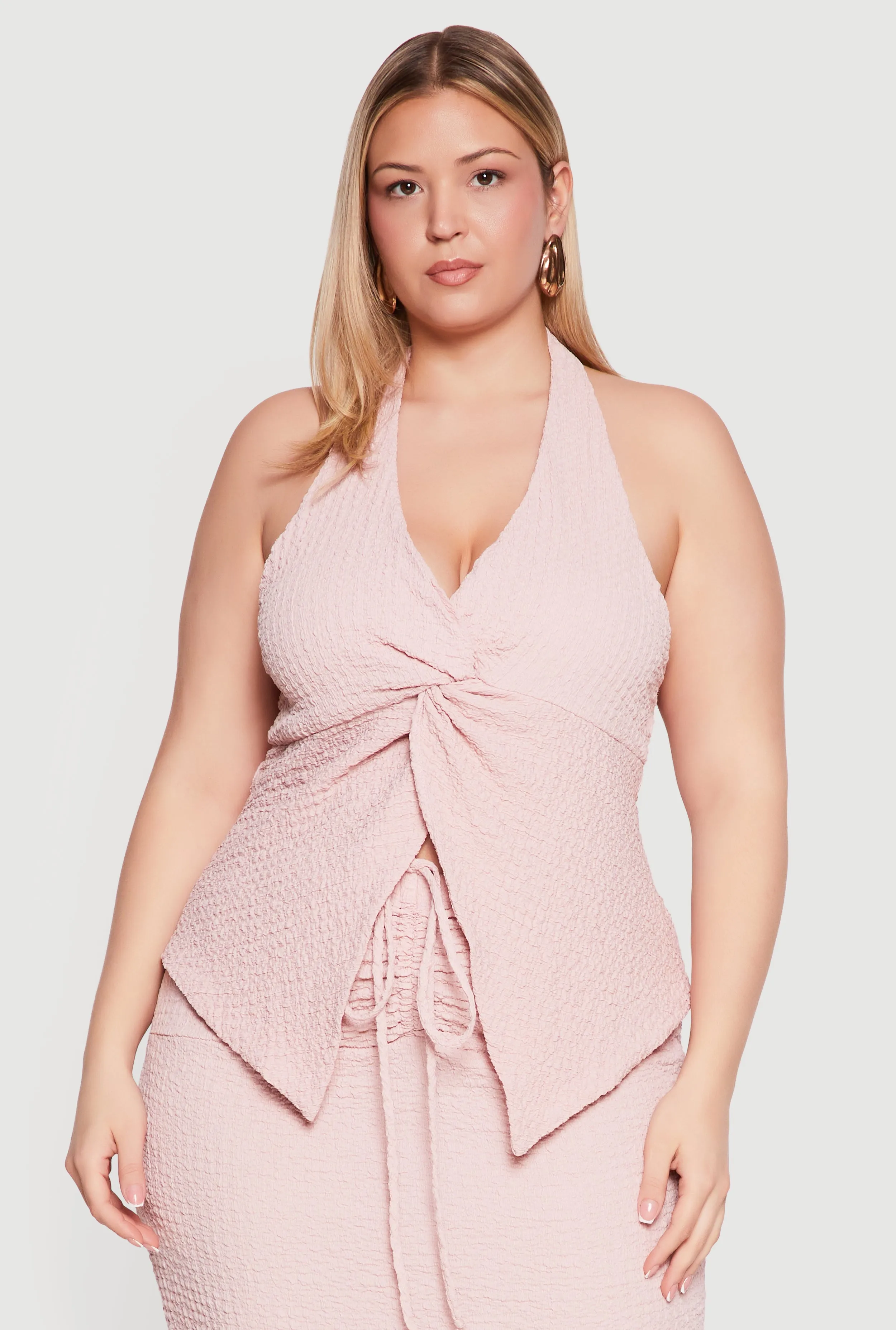 Plus Size Crepe Knit Twist Front Detail Split Hem Halter Top sold by Rainbow