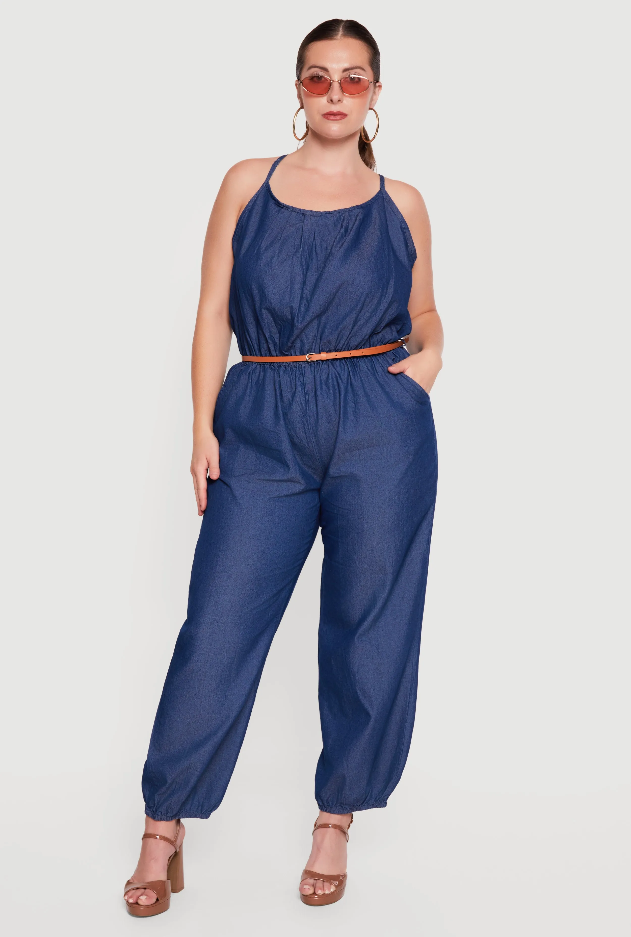 Plus Size Chambray Sleeveless Jumpsuit with Cinched Waist and Pockets sold by Rainbow product image thumbnail 2