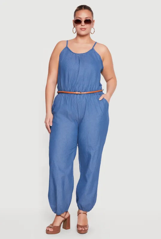 Plus Size Chambray Sleeveless Jumpsuit with Cinched Waist and Pockets made by Rainbow