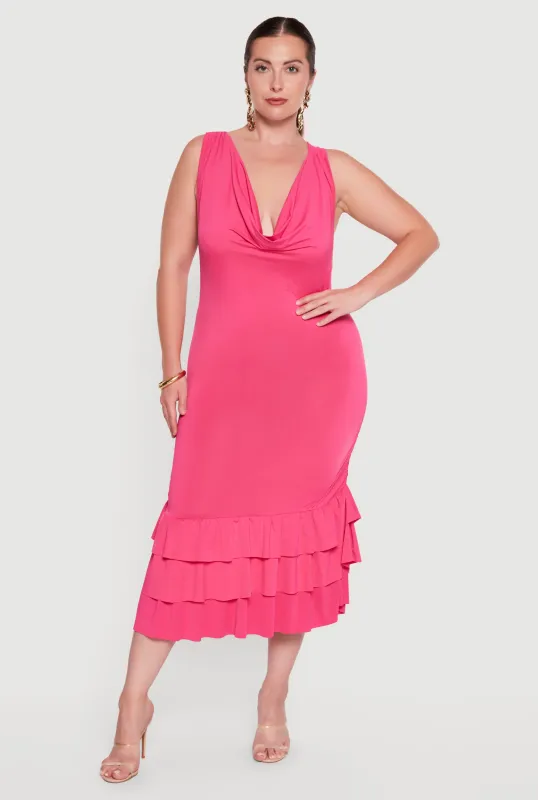 Plus Size Cowl Neck Criss Cross Back Strap Tiered Ruffle Hem Dress made by Rainbow