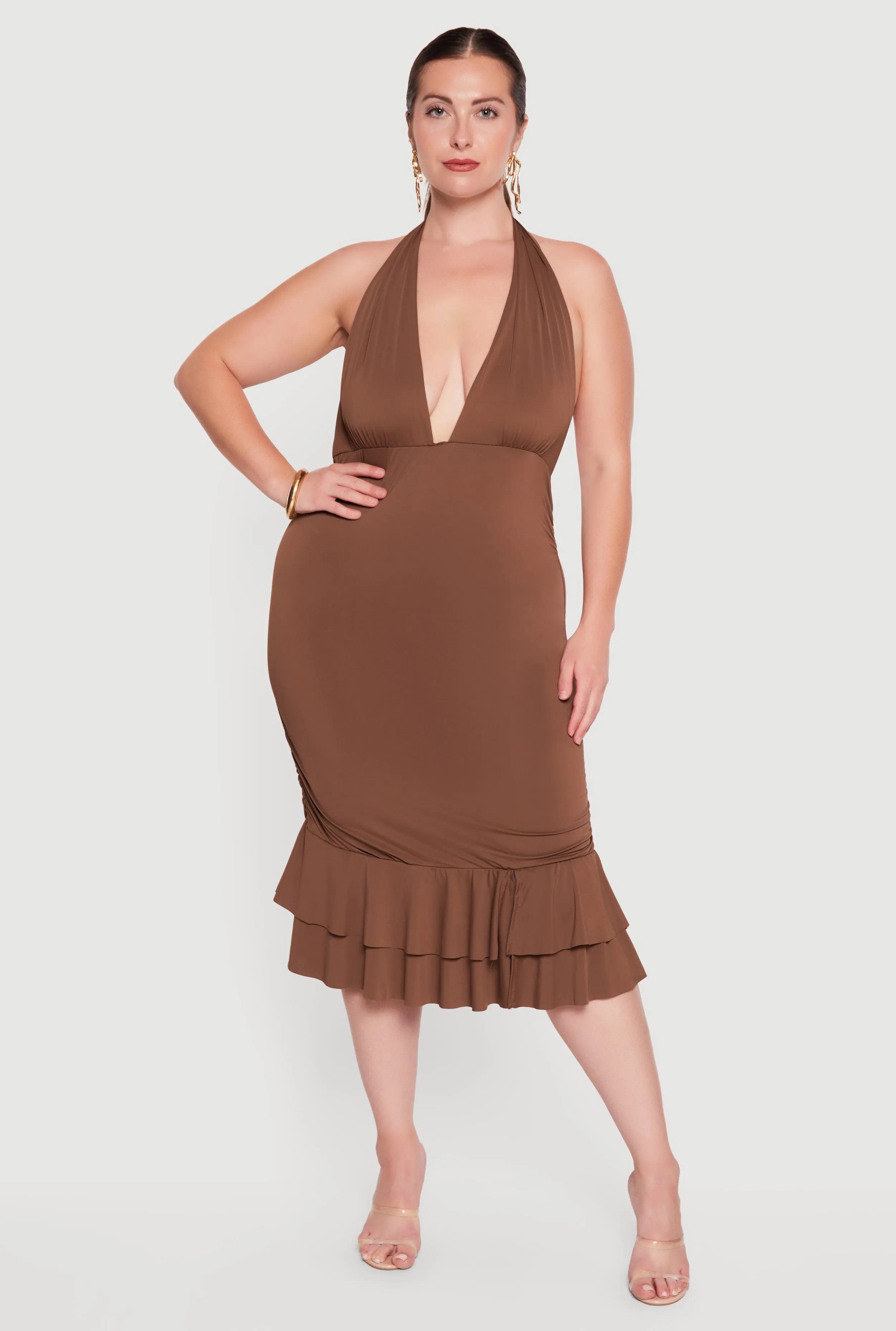 Plus Size Tiered Ruffle Hem Side Ruched Halter Dress sold by Rainbow product image thumbnail 2