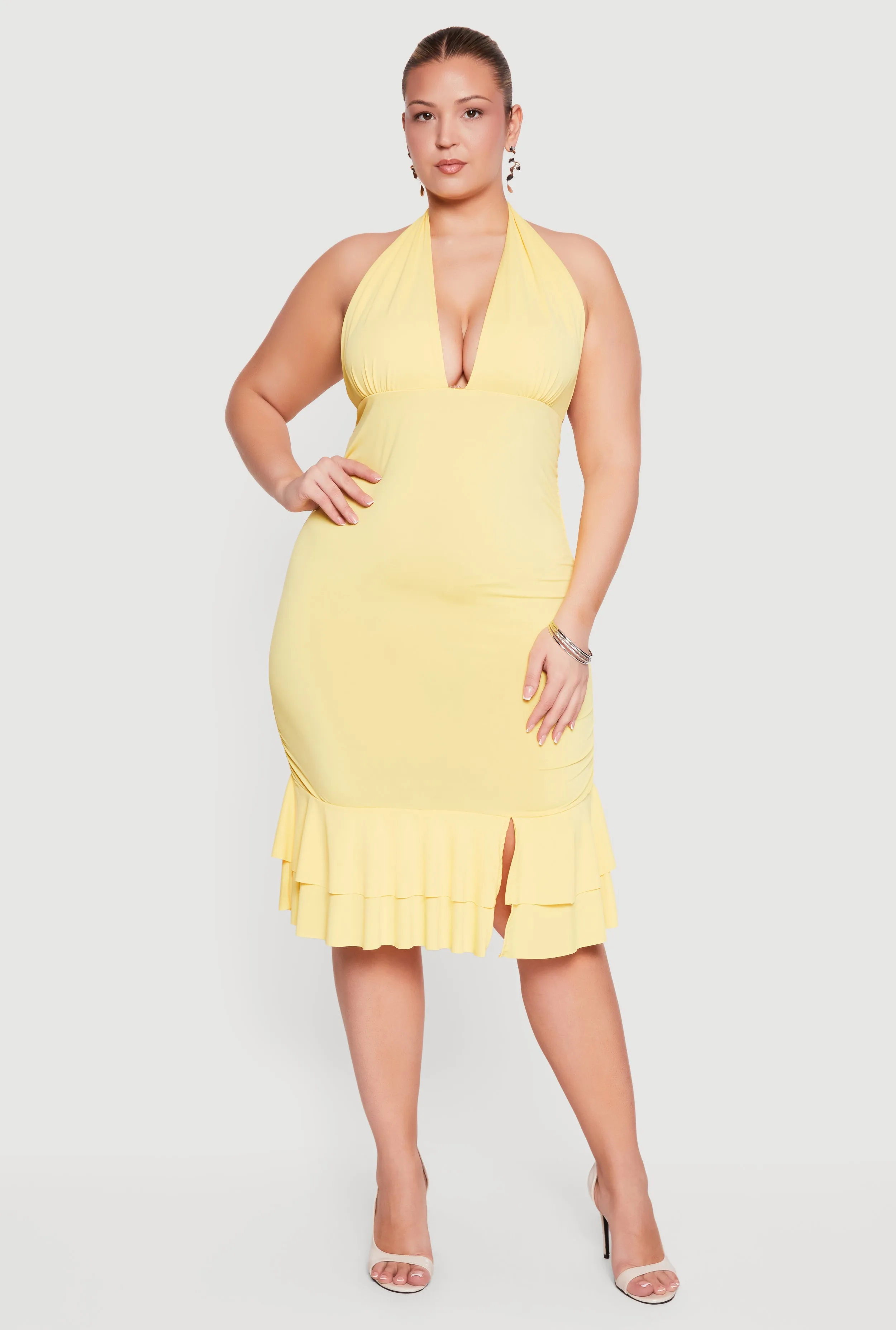 Plus Size Tiered Ruffle Hem Side Ruched Halter Dress sold by Rainbow