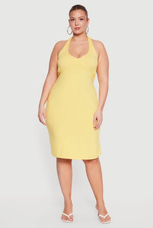Plus Size Tie Waist Back Detail Midi Halter Dress made by Rainbow
