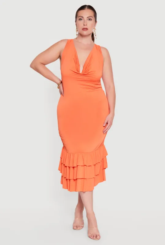 Plus Size Cowl Neck Criss Cross Back Strap Tiered Ruffle Hem Dress made by Rainbow
