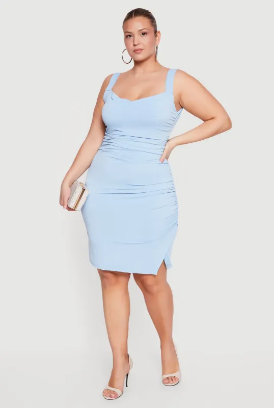 Plus Size Side Ruched Faux Wrap Low Open Back Dress made by Rainbow