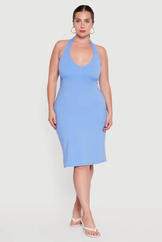 Plus Size Tie Waist Back Detail Midi Halter Dress made by Rainbow