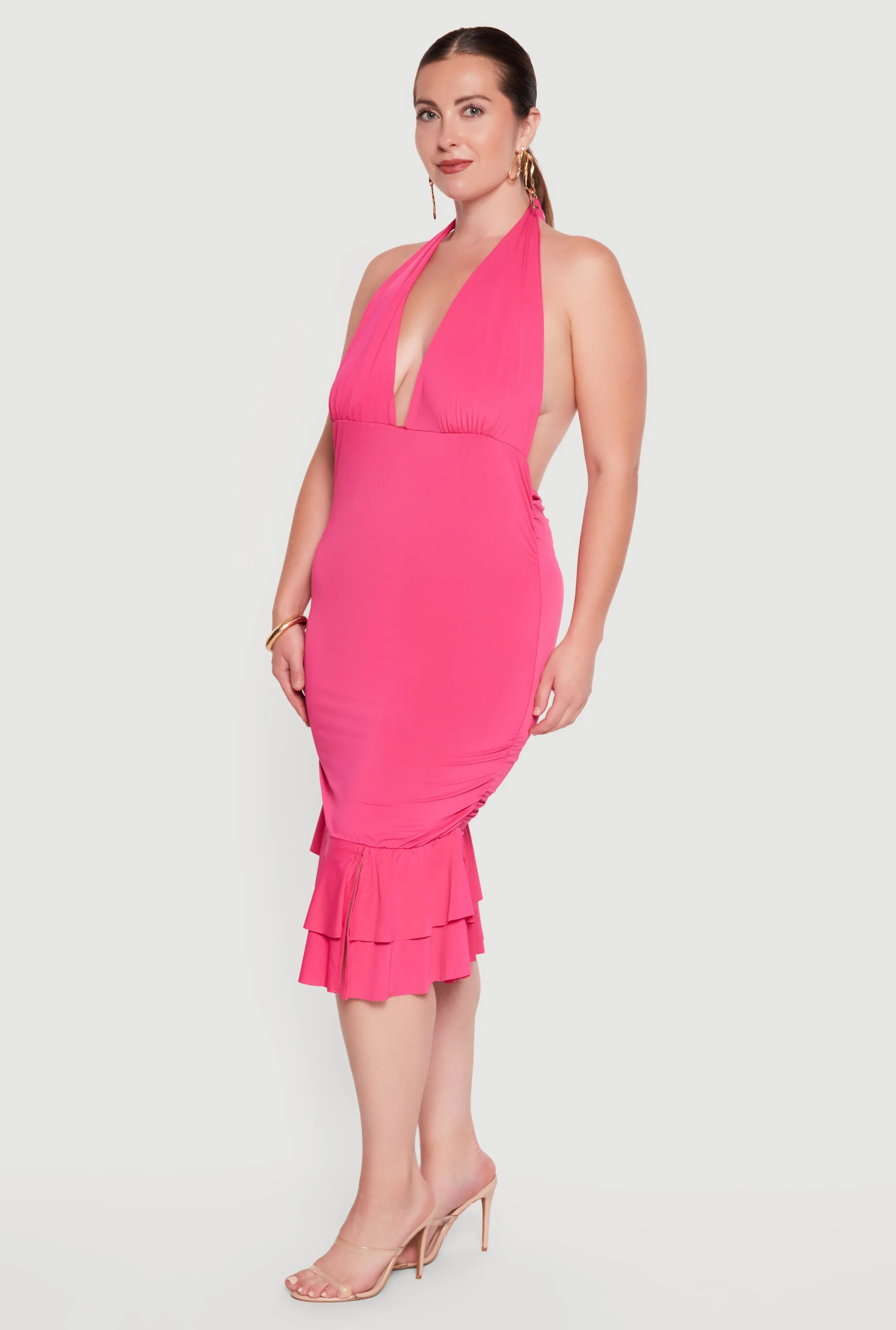 Plus Size Tiered Ruffle Hem Side Ruched Halter Dress sold by Rainbow product image thumbnail 2