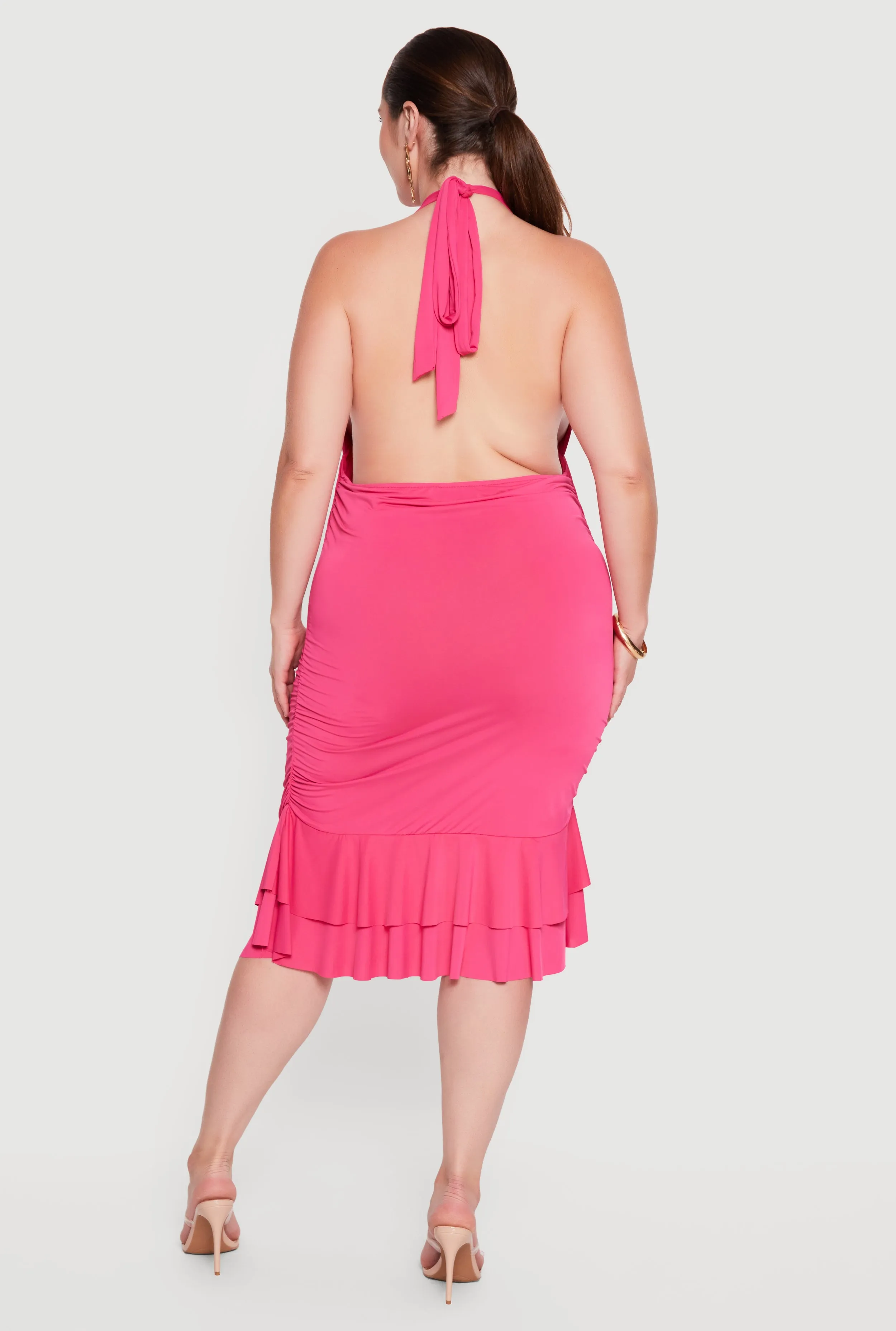 Plus Size Tiered Ruffle Hem Side Ruched Halter Dress sold by Rainbow product image thumbnail 3