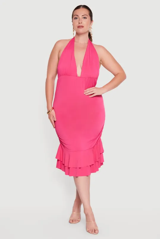 Plus Size Tiered Ruffle Hem Side Ruched Halter Dress made by Rainbow