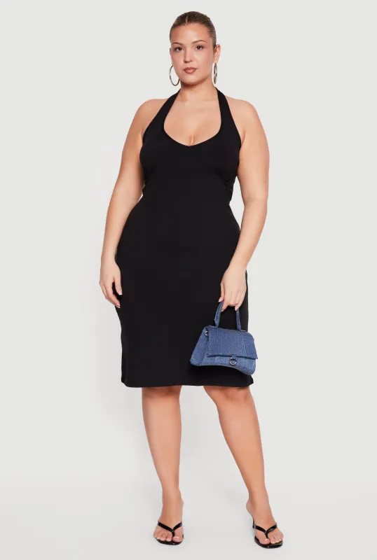 Plus Size Tie Waist Back Detail Midi Halter Dress made by Rainbow