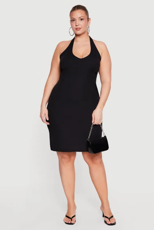 Plus Size Rib Knit Tie Waist Back Detail Midi Halter Dress made by Rainbow