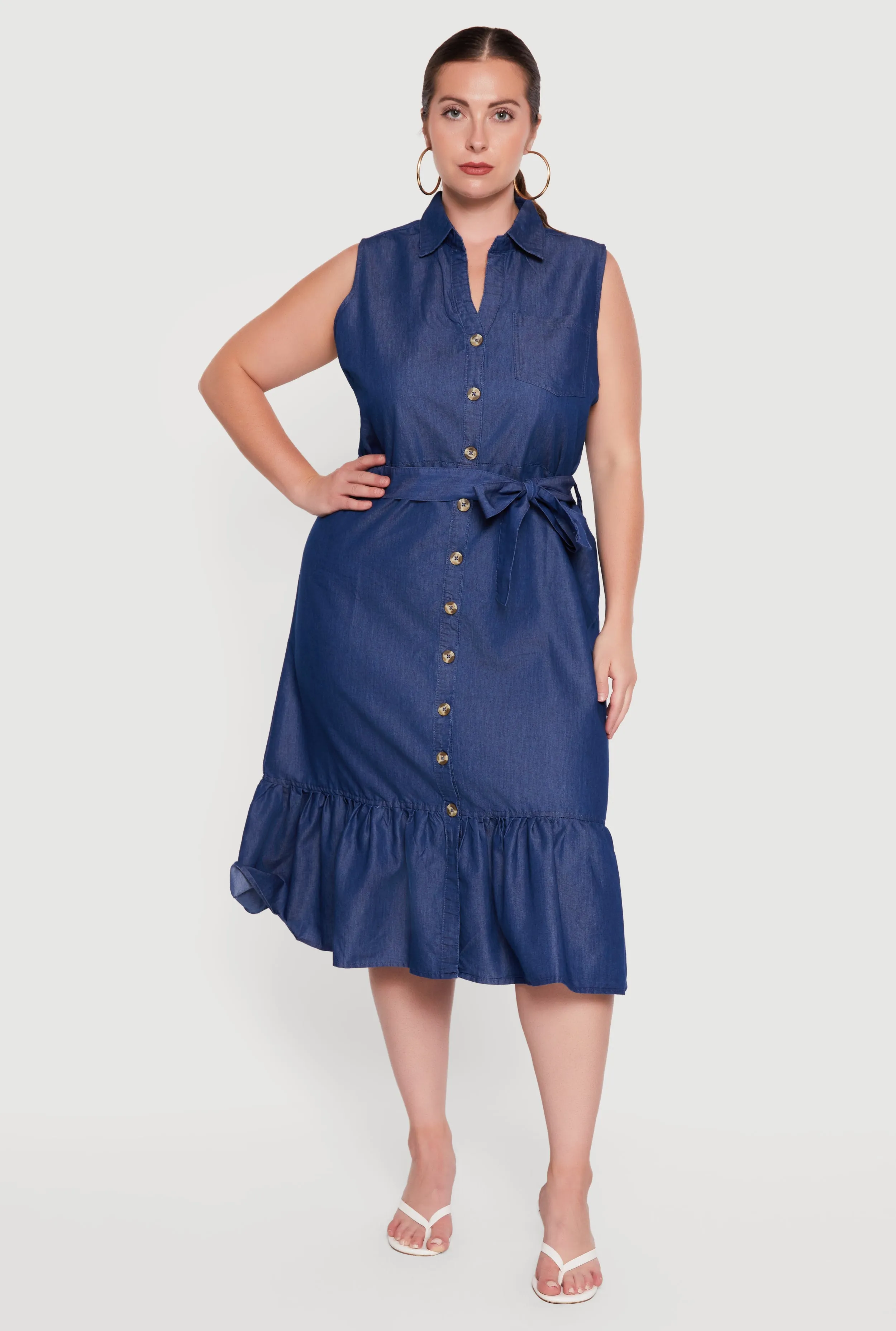 Plus Size Chambray Tie Waist Belted Shirt Dress with Ruffle Hem sold by Rainbow