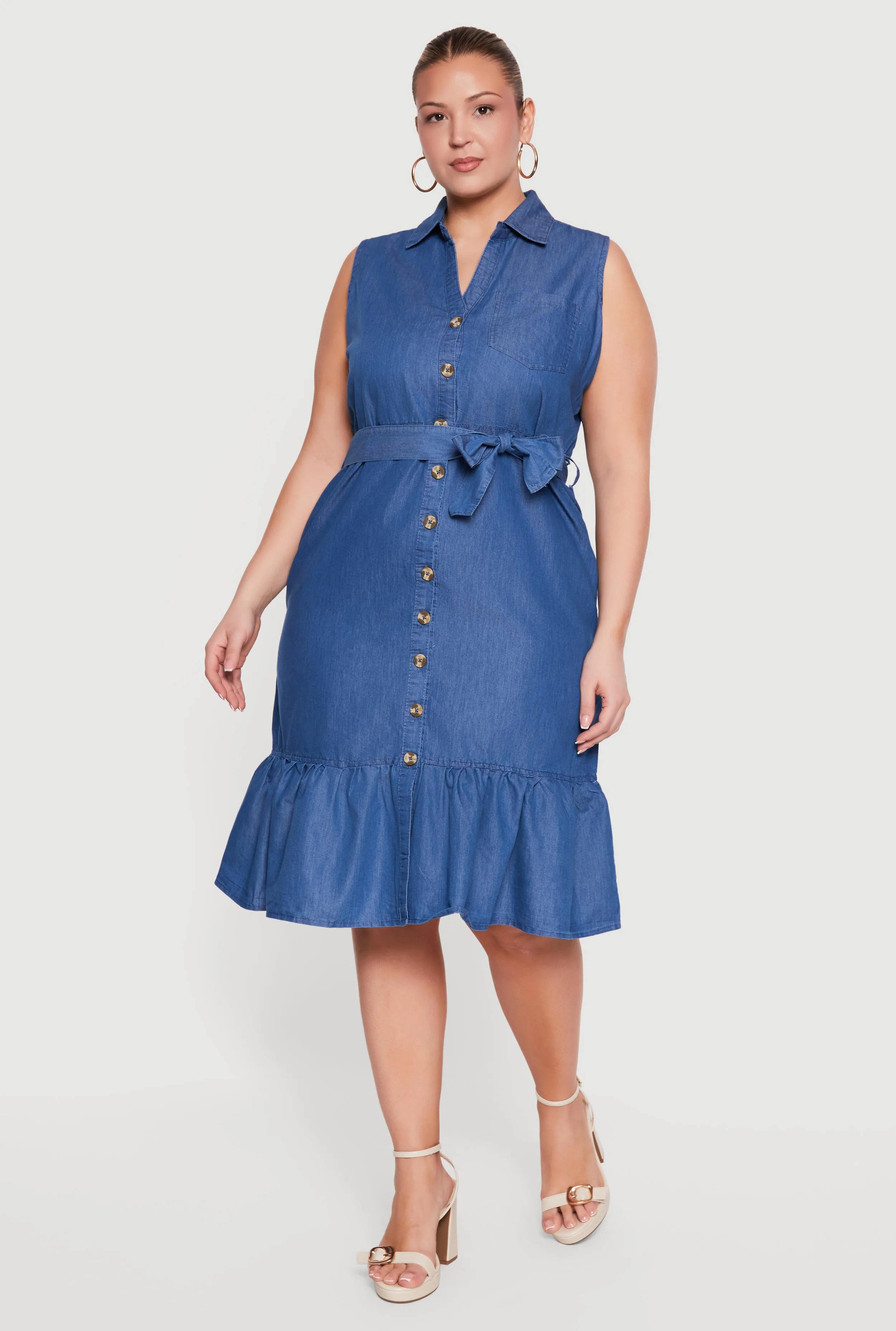 Plus Size Chambray Tie Waist Belted Shirt Dress with Ruffle Hem sold by Rainbow product image thumbnail 2