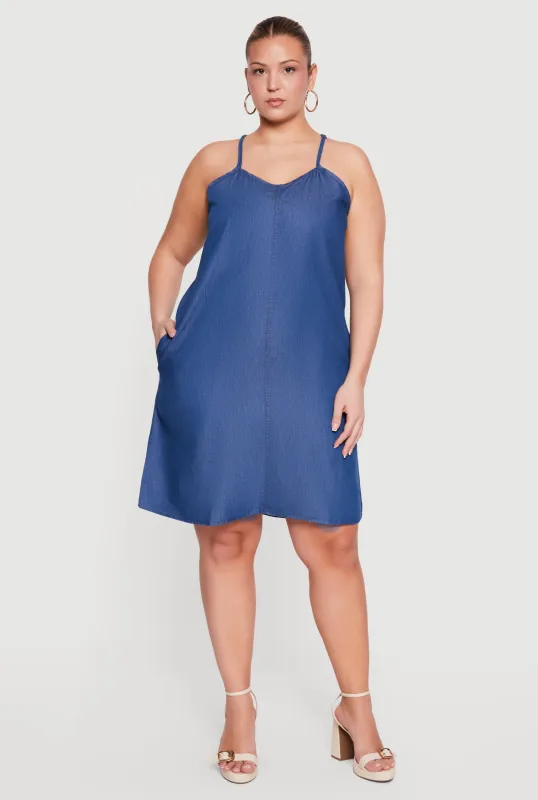 Plus Size Chambray Sleeveless Side Pocket Midi Dress made by Rainbow