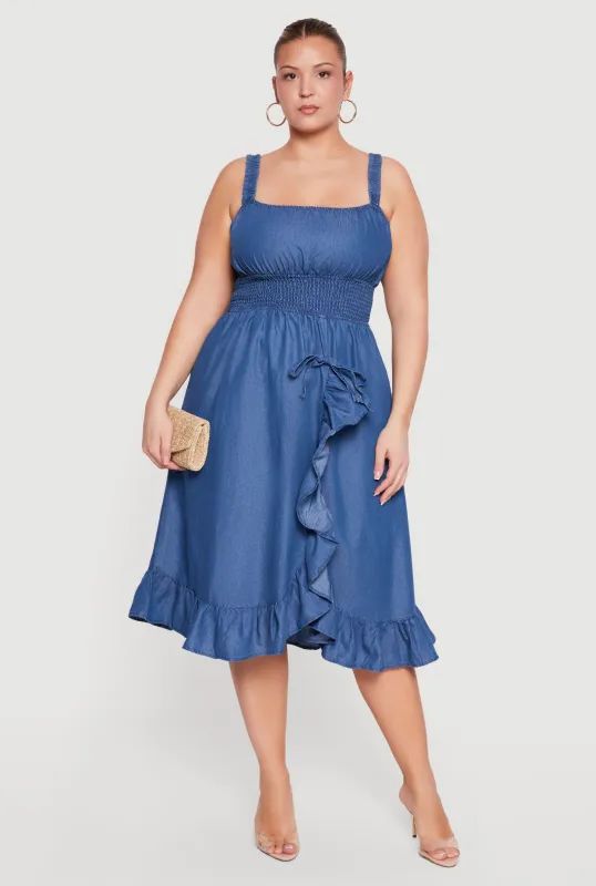 Plus Size Chambray Smocked Waist Ruffle Trim Midi Dress made by Rainbow