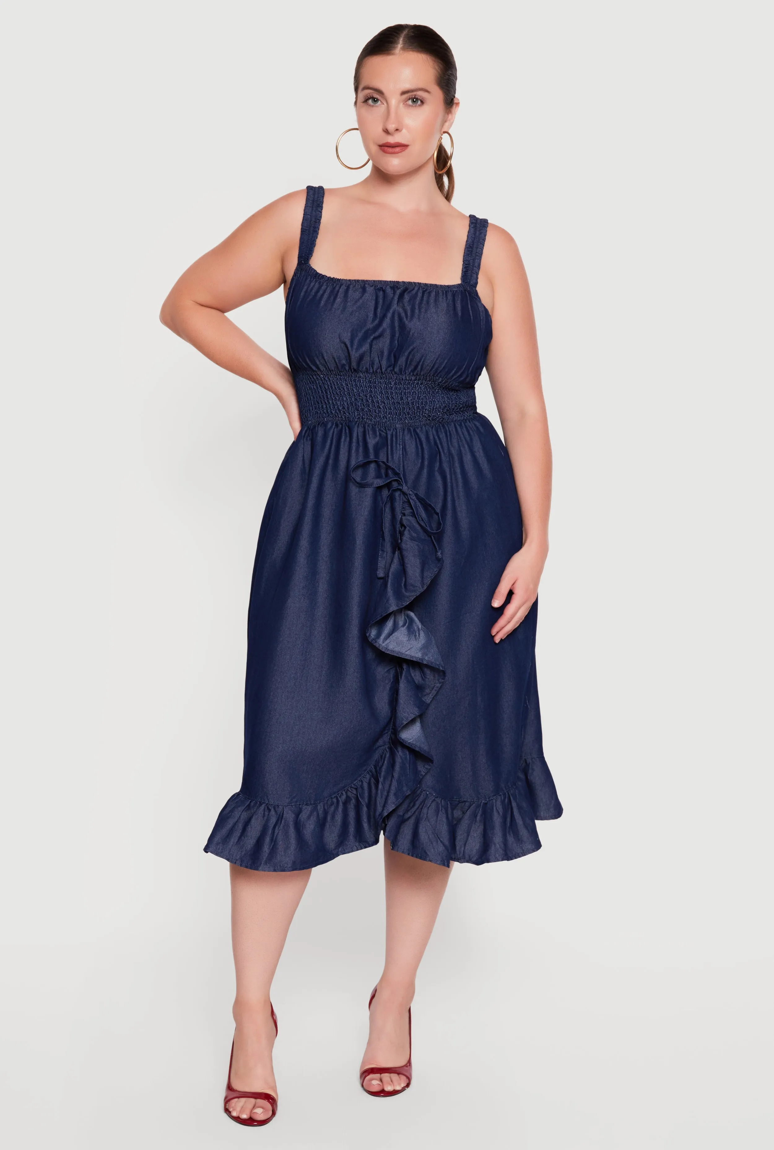 Plus Size Chambray Smocked Waist Ruffle Trim Midi Dress sold by Rainbow product image thumbnail 2