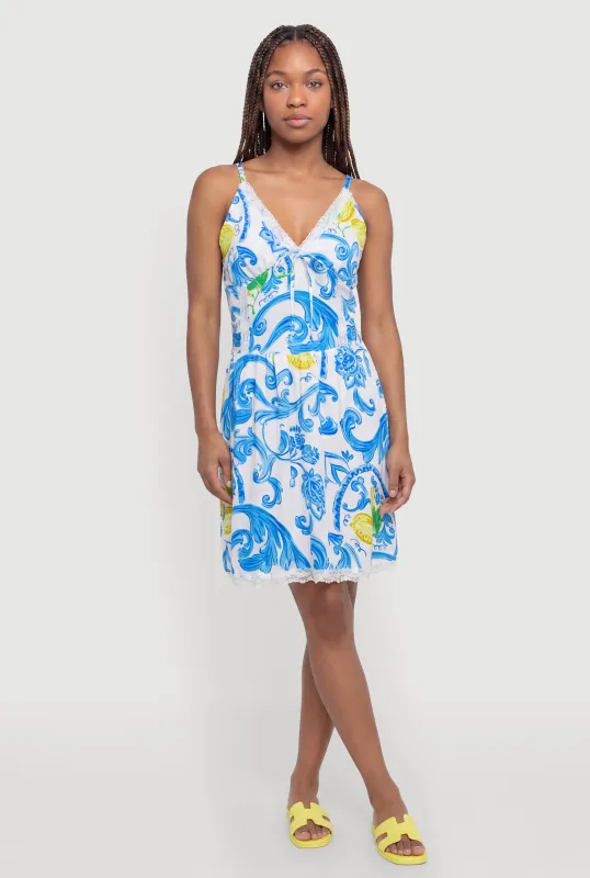 Lemon Print Lace Trim Smocked Back Bustier Dress made by Rainbow