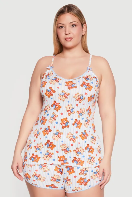 Plus Size Lace Trim Americana Bear Print Pajama Cami and Shorts made by Rainbow