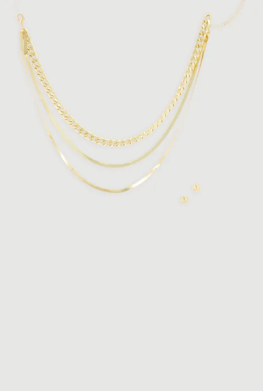 Layered Herringbone Chain Necklace and Stud Earrings made by Rainbow