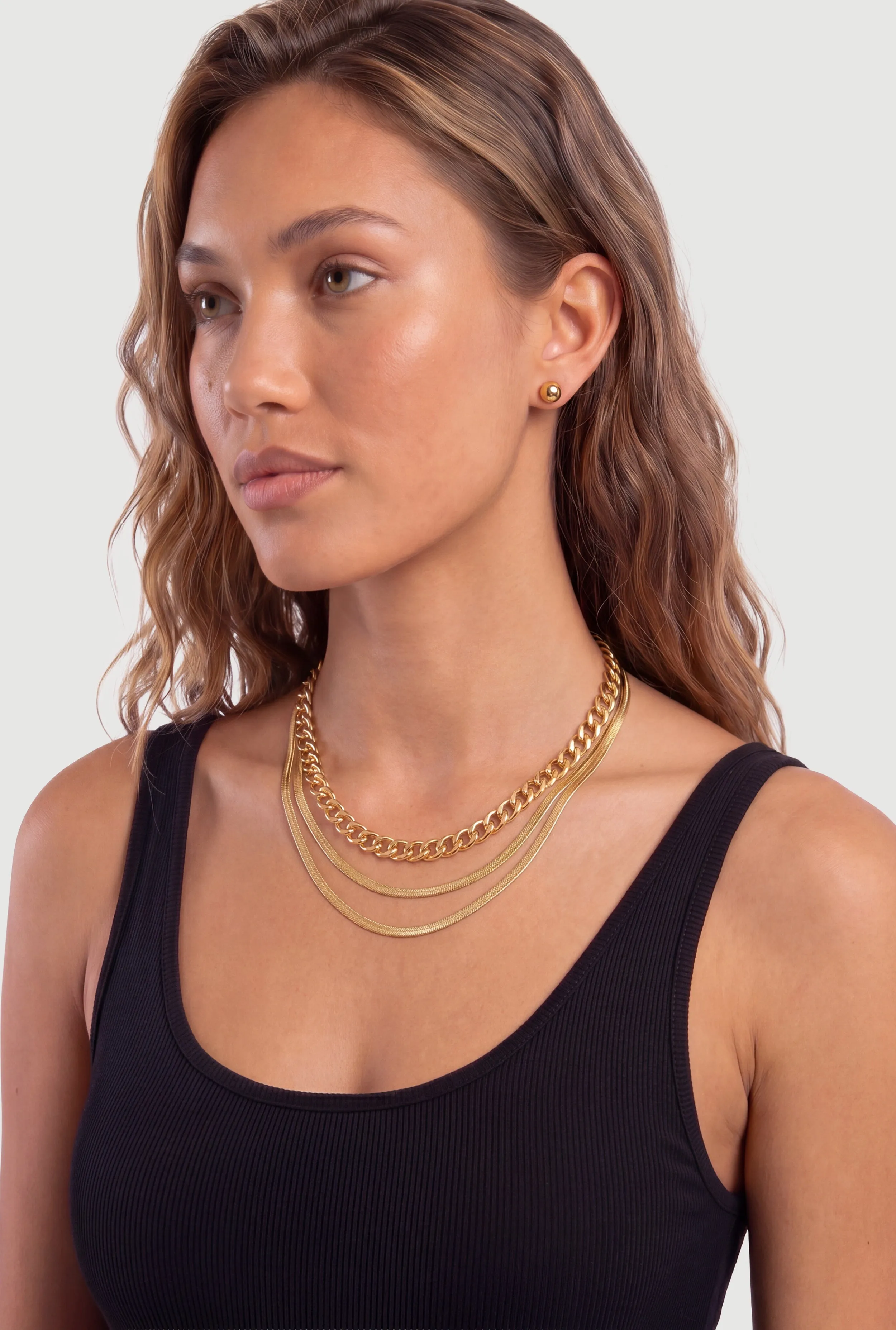 Layered Herringbone Chain Necklace and Stud Earrings sold by Rainbow product image thumbnail 2