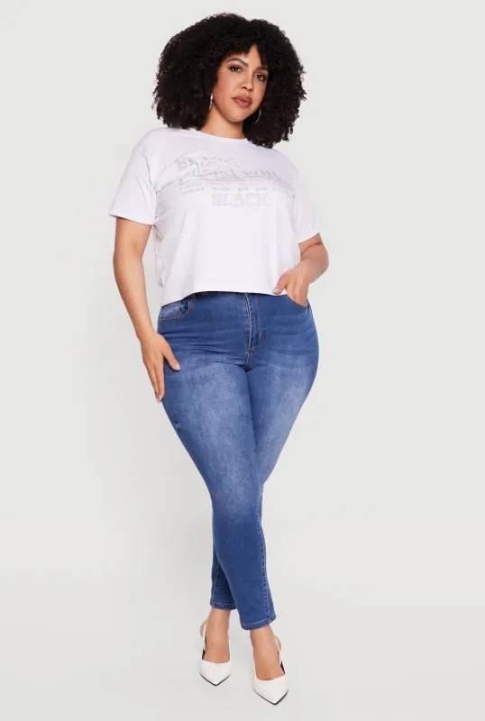 Plus Size Rhinestone Black Mixed With Graphic Tee made by Rainbow