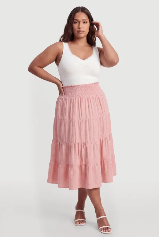Plus Size Smocked High Waisted Tiered Maxi Skirt made by Rainbow