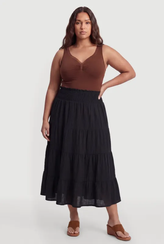 Plus Size Smocked High Waisted Tiered Maxi Skirt made by Rainbow
