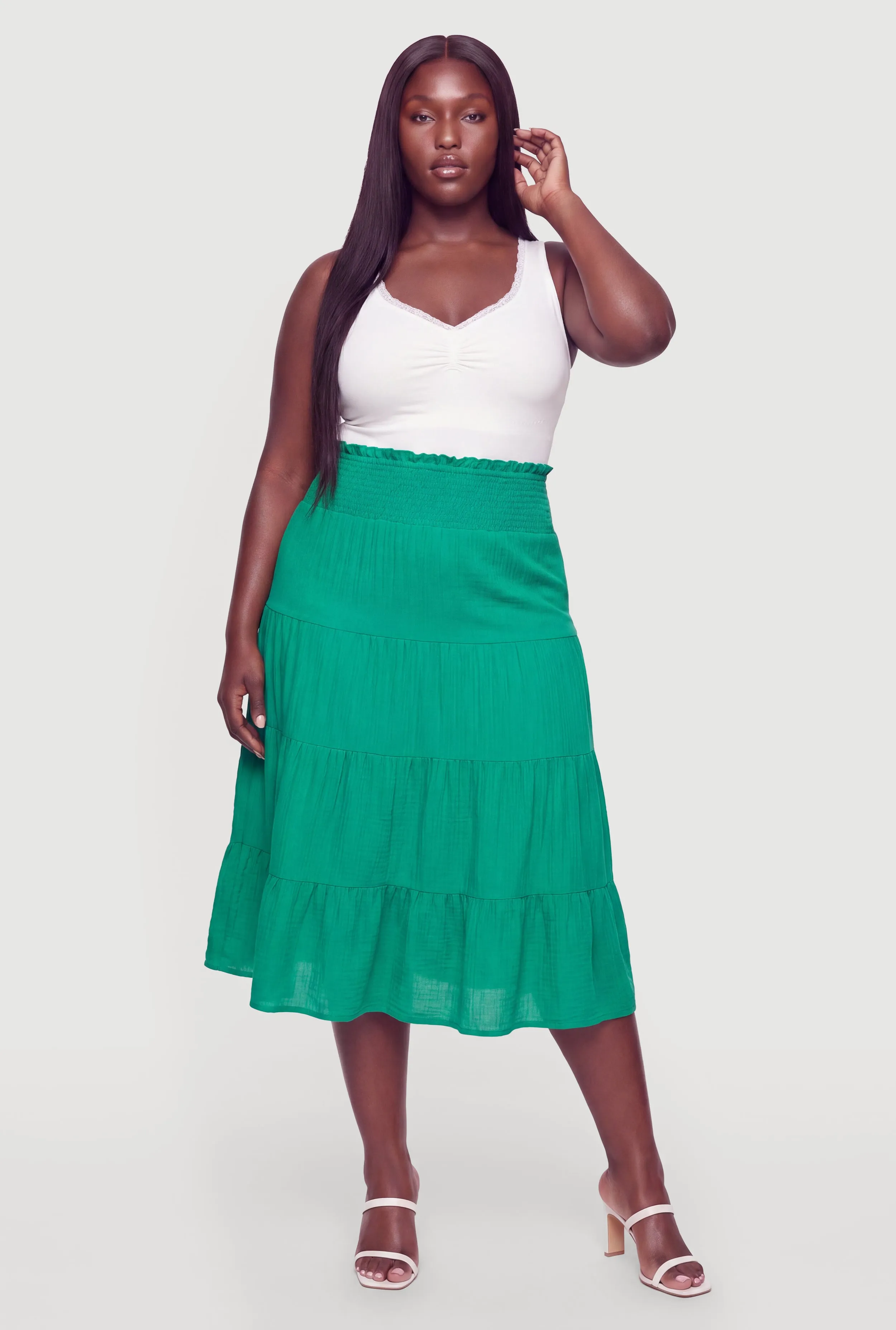 Plus Size Smocked High Waisted Tiered Maxi Skirt sold by Rainbow