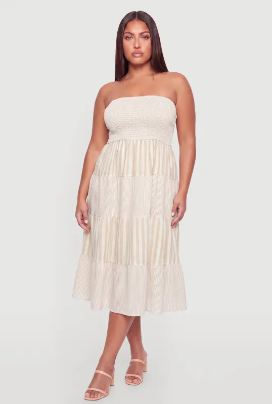 Plus Size Striped Smocked Tube Ruffle Tiered Midi Dress made by Rainbow