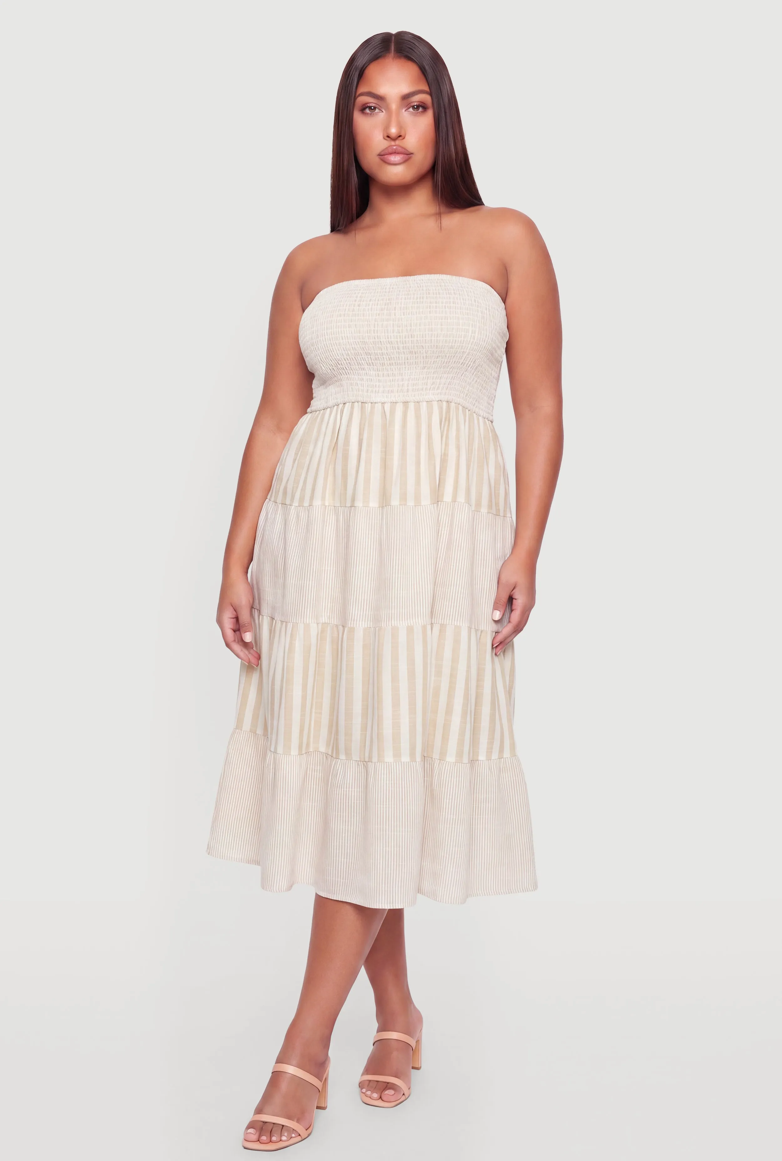 Plus Size Striped Smocked Tube Ruffle Tiered Midi Dress sold by Rainbow