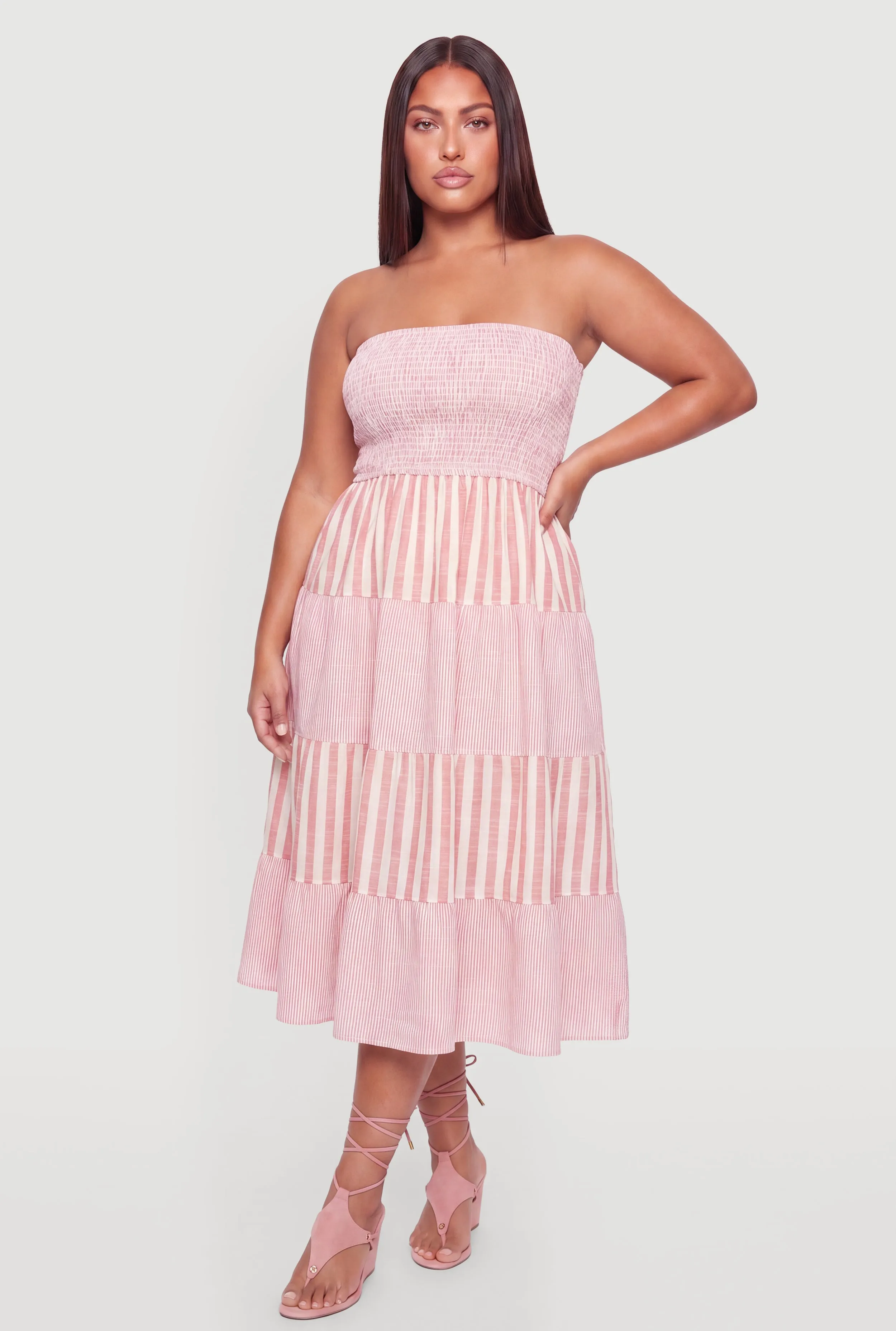 Plus Size Striped Smocked Tube Ruffle Tiered Midi Dress sold by Rainbow product image thumbnail 3
