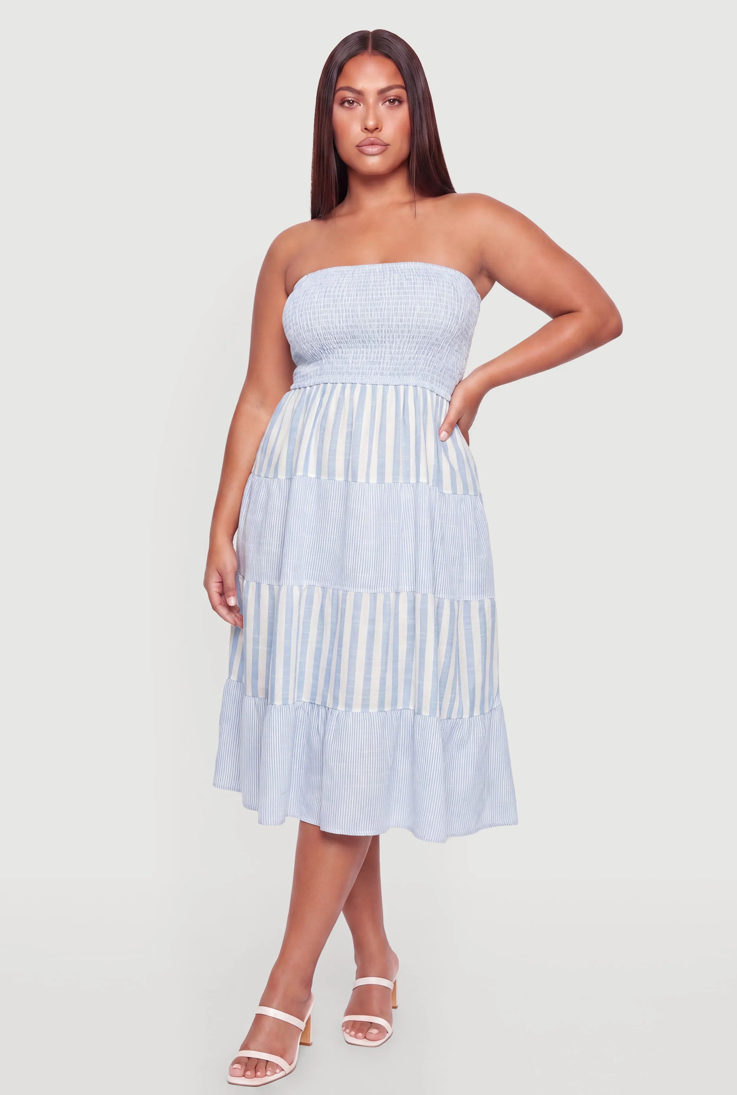 Plus Size Striped Smocked Tube Ruffle Tiered Midi Dress sold by Rainbow product image thumbnail 2