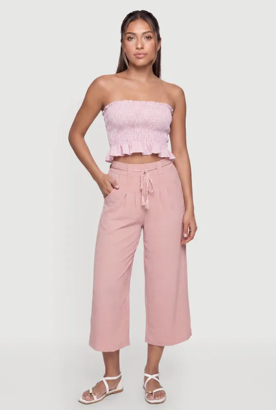 Striped Ruffle Hem Smocked Tube Crop Top made by Rainbow