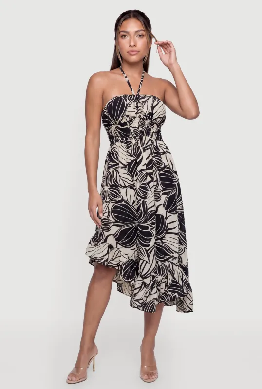 Asymmetrical Ruffle Trim Smocked Waist Halter Dress made by Rainbow