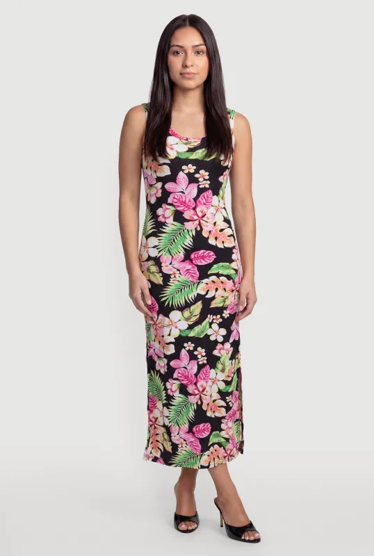 Floral Sleeveless Ribbed Knit Maxi Dress with Side Slits made by Rainbow