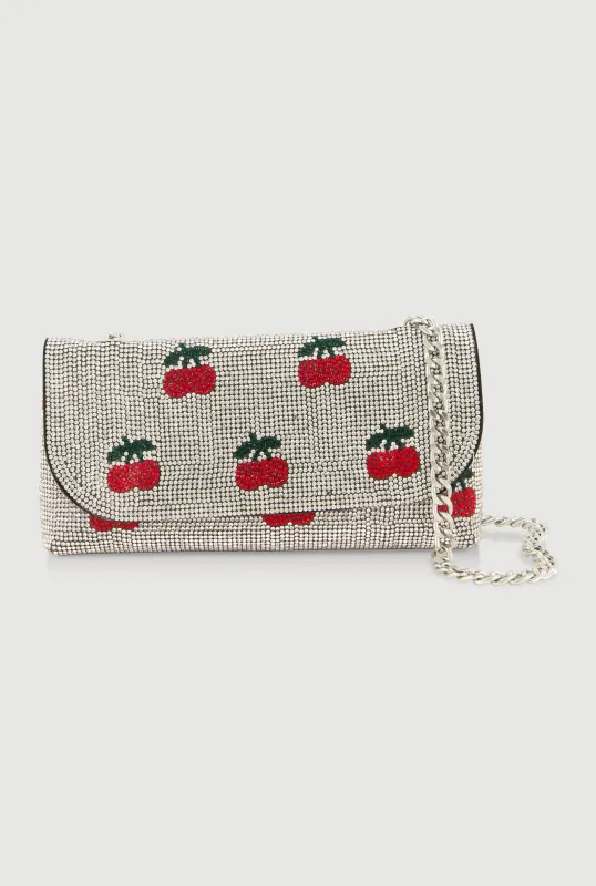 Rhinestone Cherry Print Flap Clutch Crossbody Bag made by Rainbow